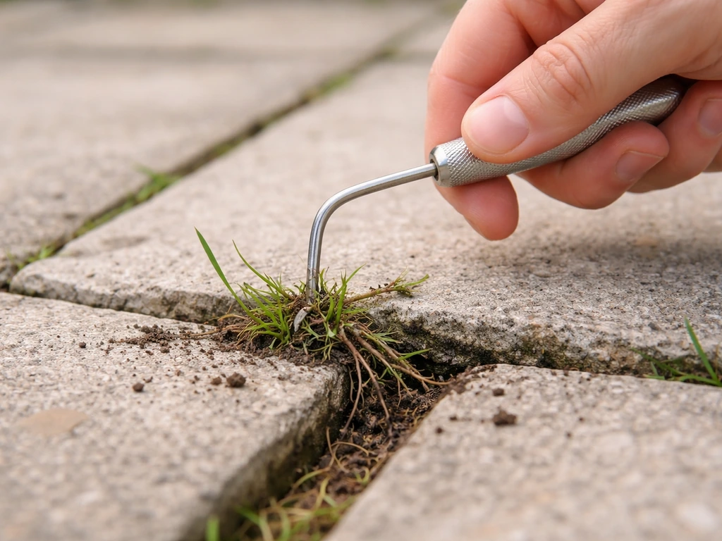 Main tenant un hameçon anti herbe DIY accroché dans une herbe arrachée entre deux dalles