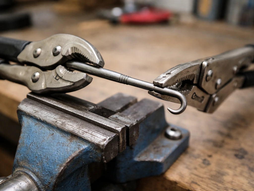 Hameçon pour joints en fabrication sur une tige de 4 mm, avec pince et étau de table, repère de cintrage.