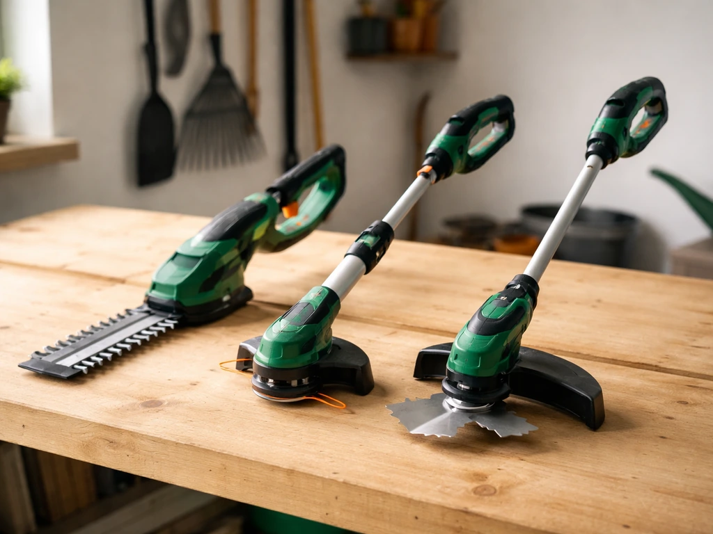 Trois outils de jardinage côte à côte : taille-herbe à lames, coupe-bordure à tête à fil, débroussailleuse légère