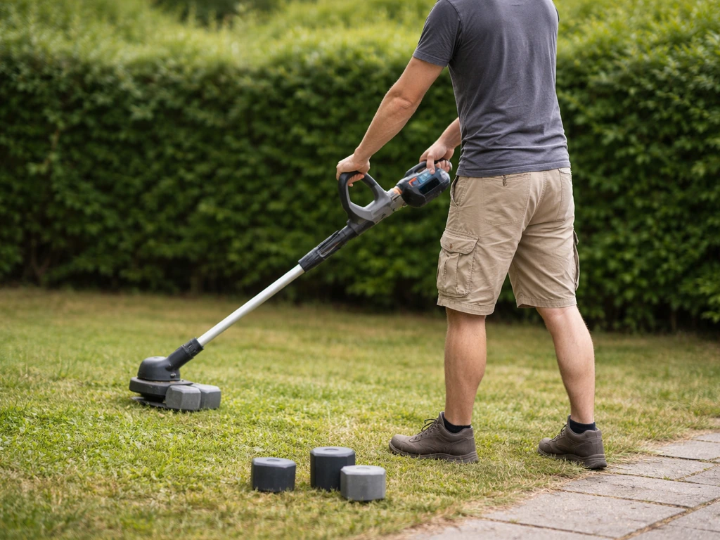 Personne tenant un taille-herbe sans fil, avec des poids au sol pour illustrer la sensation de charge.