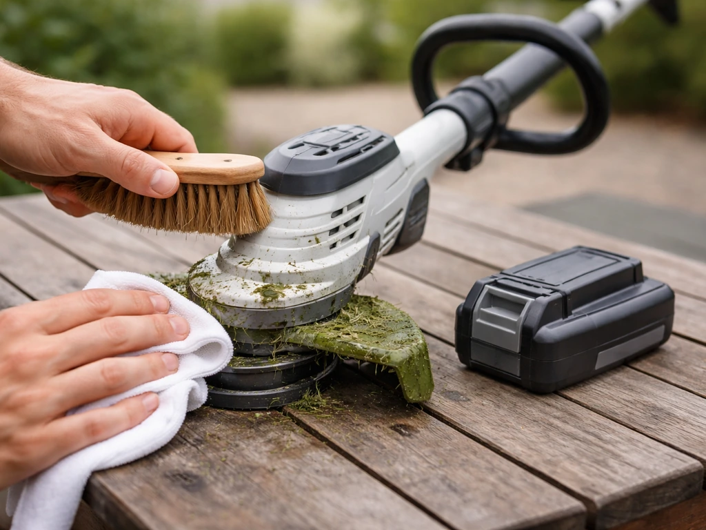 Chiffon et brosse nettoyant la tête et le carter d’un outil de jardin, batterie retirée, entretien après usage