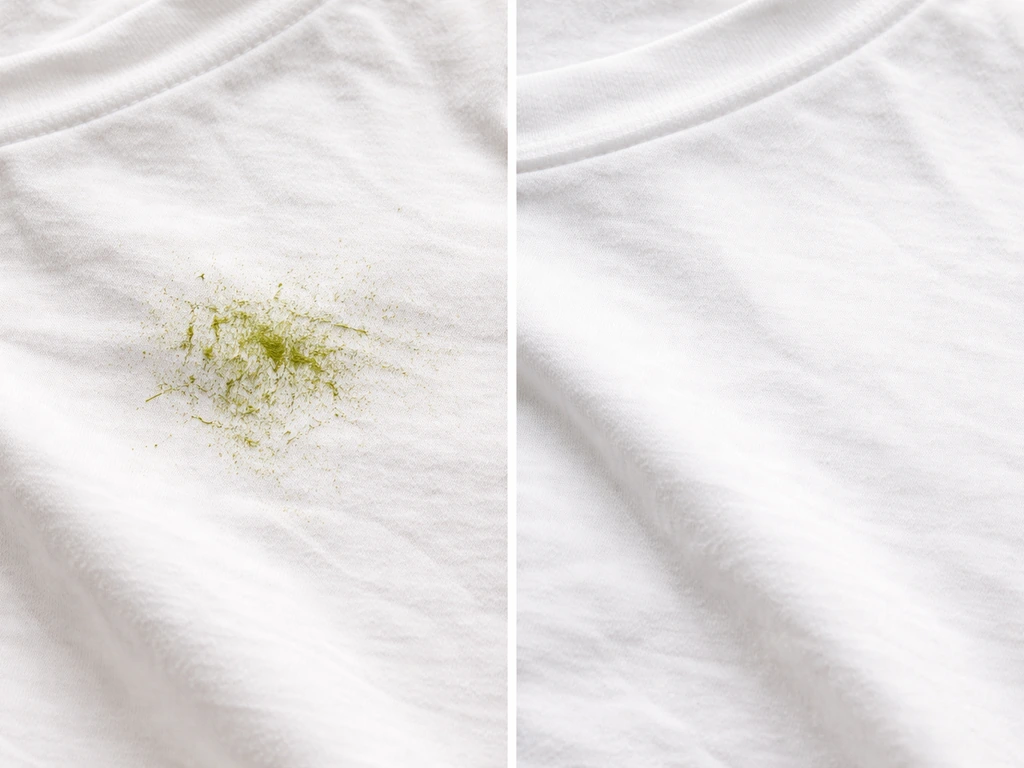 Vêtement en coton taché d’herbe, posé sur fond clair, effet avant/après de détachage visible.
