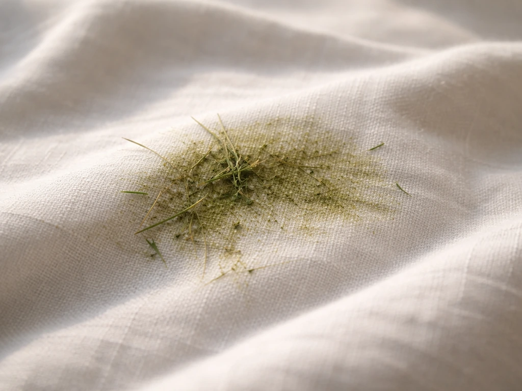 Gros plan sur du coton blanc avec une tache d’herbe verdâtre et des résidus coincés entre les fibres.