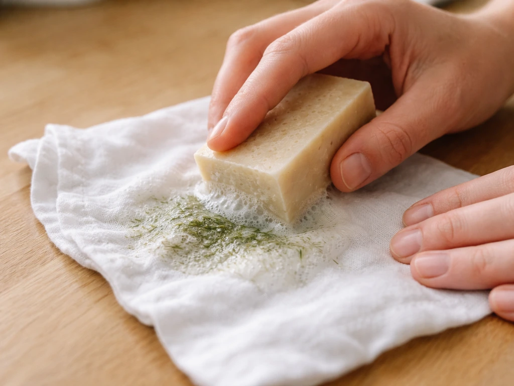 Pain de savon de Marseille frotté sur une tache d’herbe, mousse légère sur du coton humide.