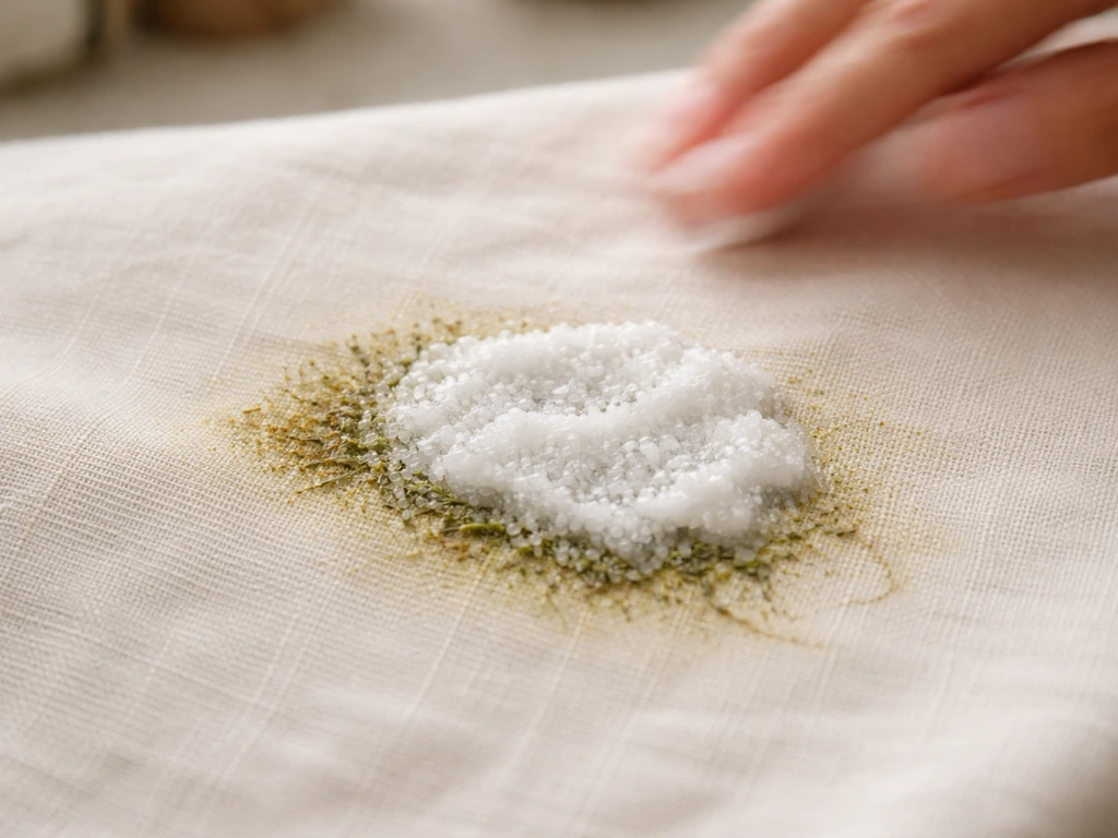 Gros plan d’une tache d’herbe sèche sur un tissu avec une pâte de bicarbonate appliquée, effet abrasif doux.