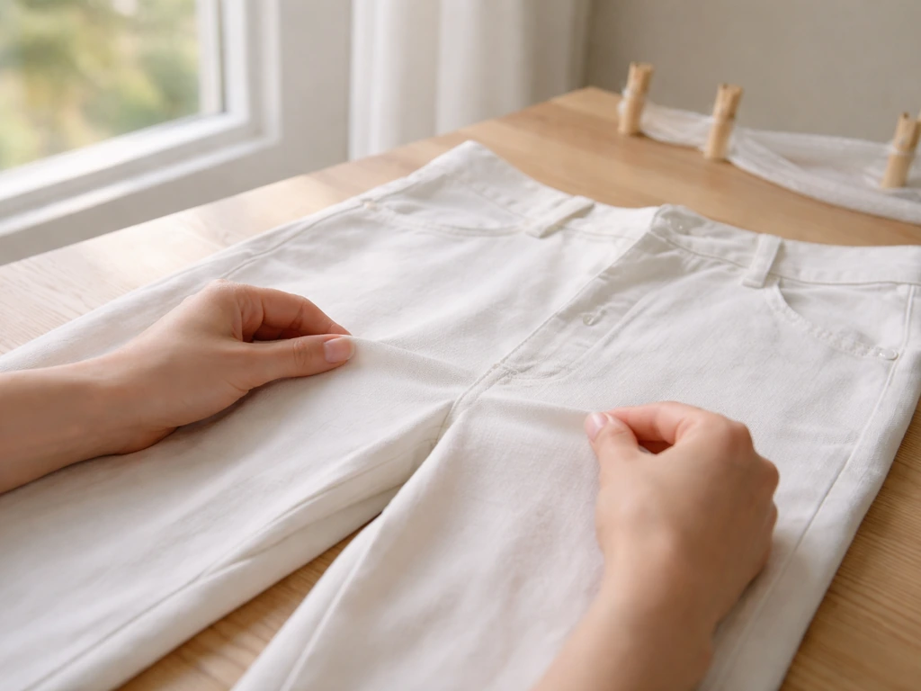 Mains anonymes inspectant un pantalon blanc à la lumière du jour, posé à plat pour vérifier et préparer le séchage.