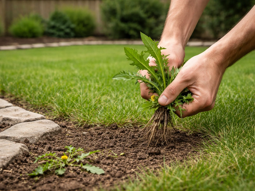 Une main arrache une mauvaise herbe dans une pelouse, avec une zone désherbée visible, jardin au naturel.