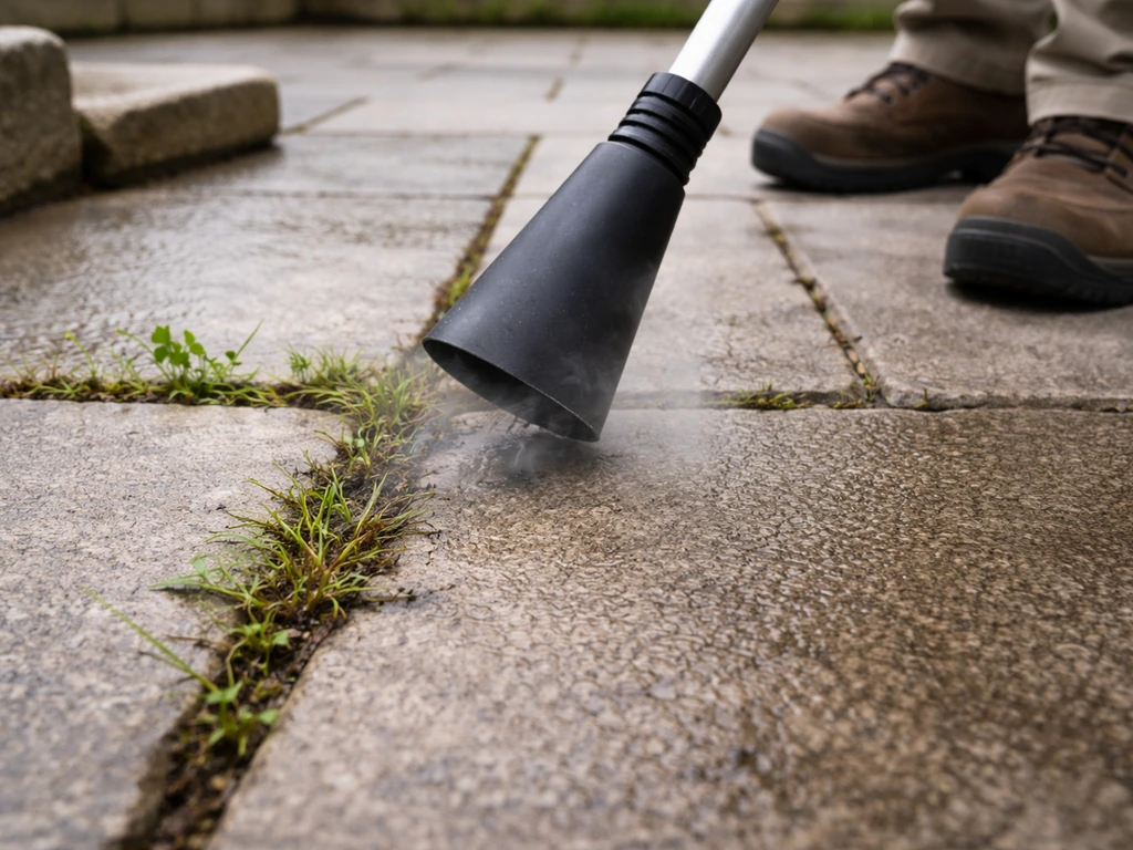 Désherbage thermique entre des dalles de terrasse, herbes dans les joints et vapeur fine au niveau de la zone traitée.