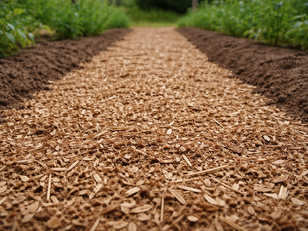 Sol recouvert d’un paillage épais en copeaux de bois et paille pour limiter la germination.