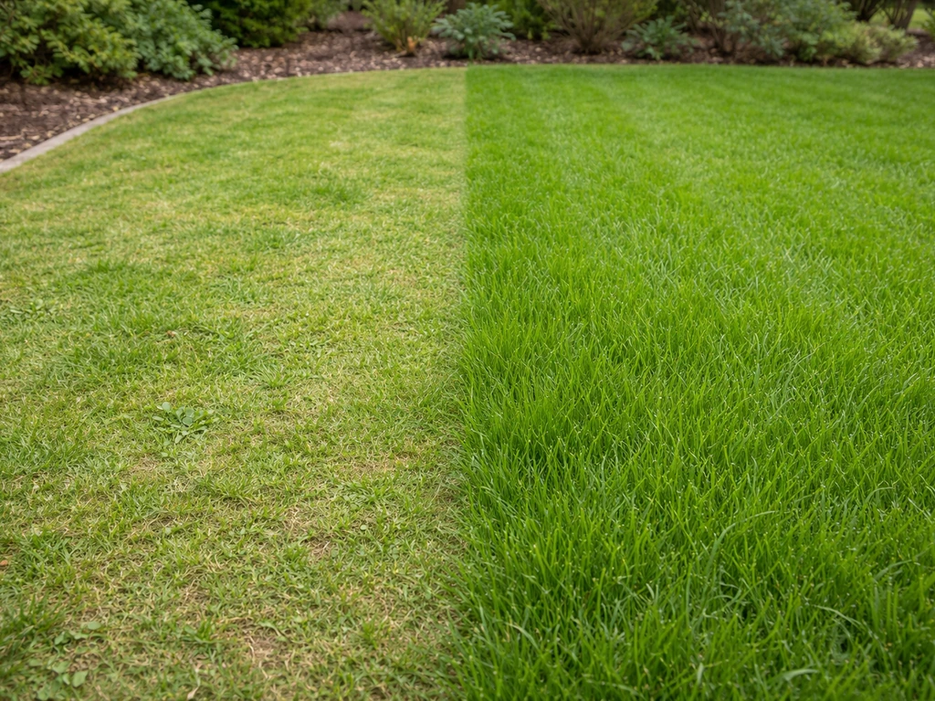 Deux zones de pelouse côte à côte : gazon trop court avec adventices qui reviennent, et gazon à 7 cm plus dense.