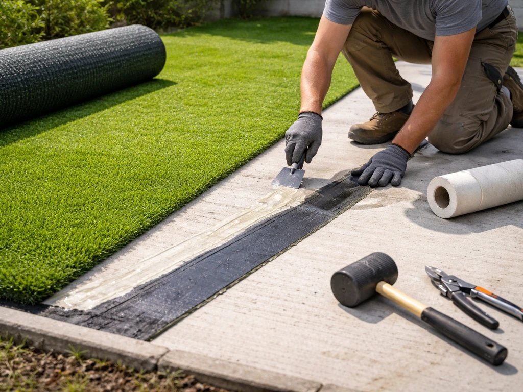 Pose d’herbe artificielle sur une terrasse béton avec colle étalée et rouleau d’herbe en déroulement.