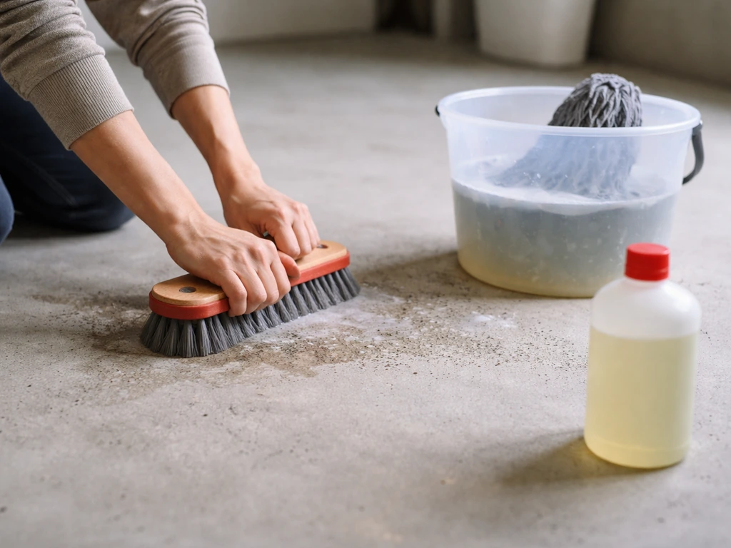 Mains seulement frottant un sol en béton avec un balai-brosse, serpillière et seau de nettoyage au sol.