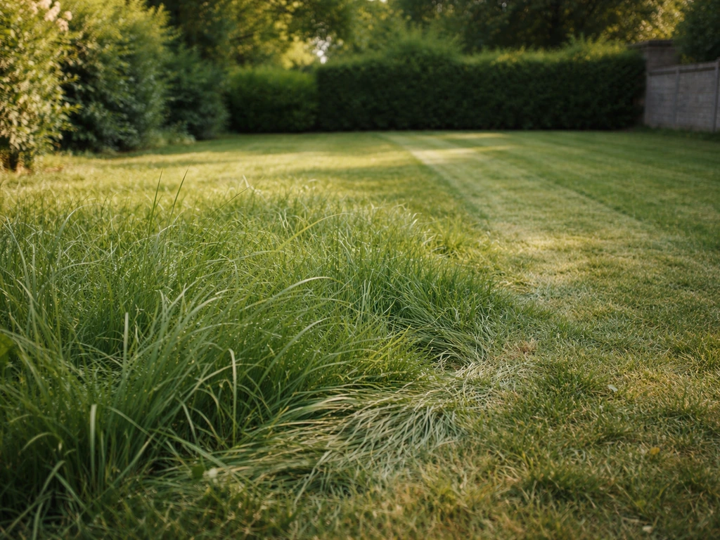 Jardin français avec une zone d’herbe laissée haute, tonte progressive visible au loin, ambiance soignée.