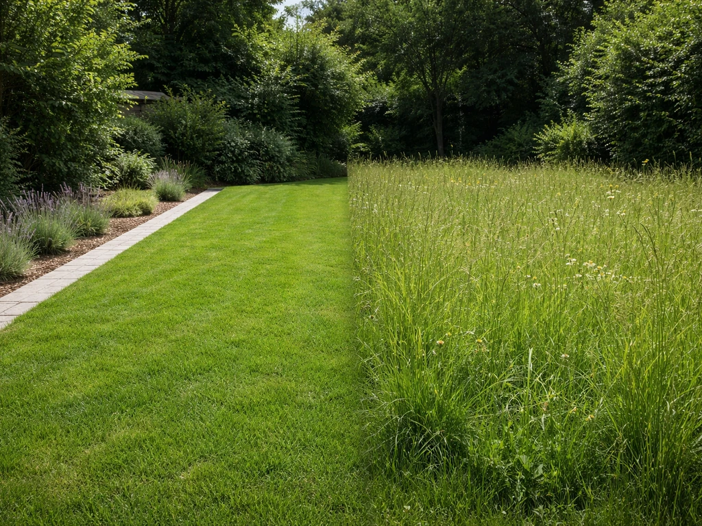 Comparaison dans un jardin : pelouse tondue à ~15 cm à gauche, prairie haute à ~25 cm à droite en juillet.