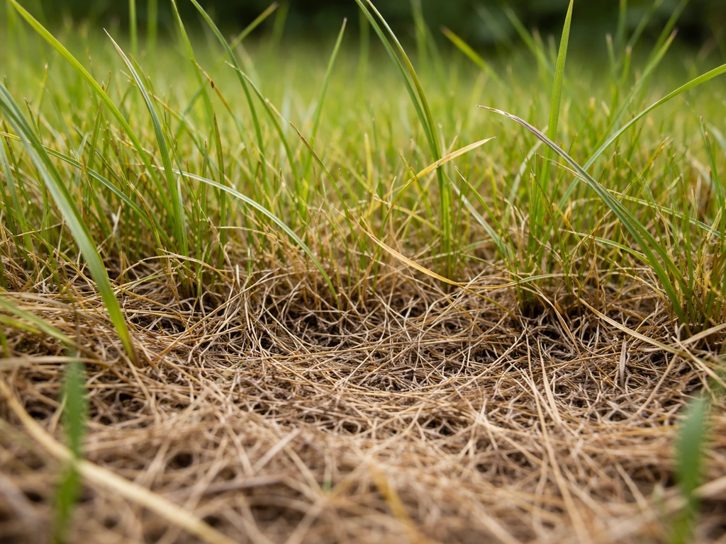 Herbe haute et feutrage brun compact au pied des brins, premiers signes d’un gazon qui étouffe.