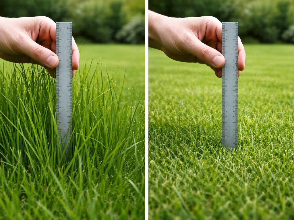 Herbe très haute mesurée avec une règle, puis zone voisine fraîchement tondue, mains anonymes seulement.
