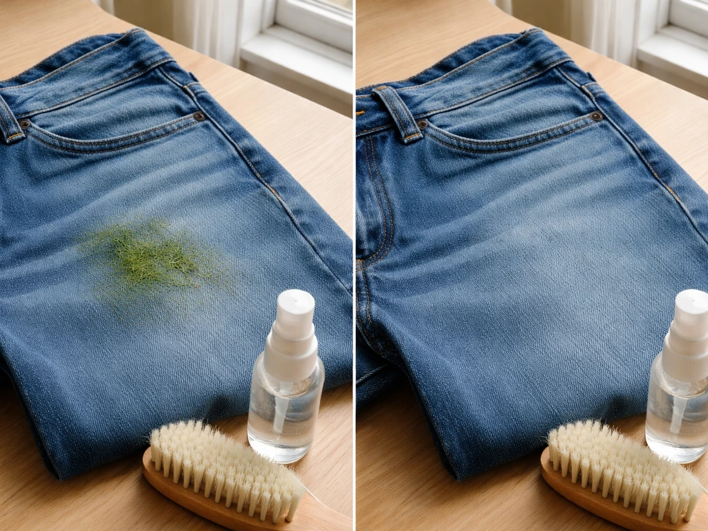 Sur un linge, une tache d’herbe sur un jean avant puis après détachage, en deux compartiments côte à côte.
