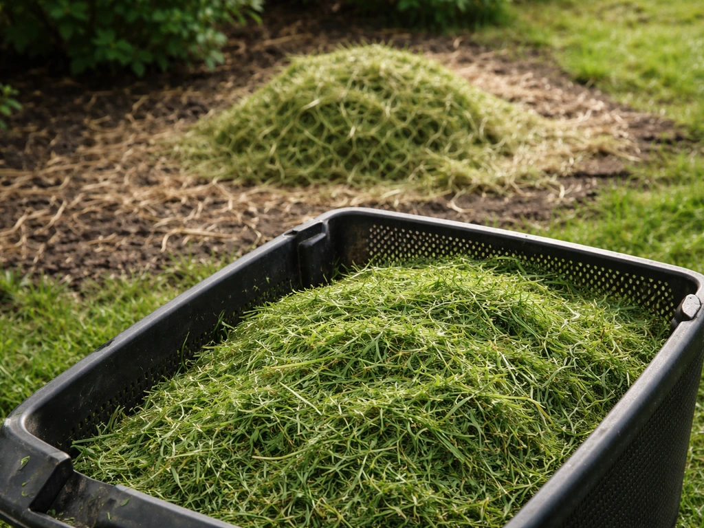 Herbe de tonte fraîche dans un bac, à côté une petite zone paillée au jardin avec herbe légèrement séchée