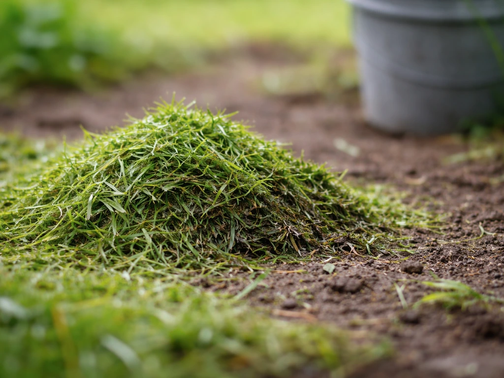 Tas d’herbe de tonte fraîche au jardin, avant et début de décomposition, en gros plan.