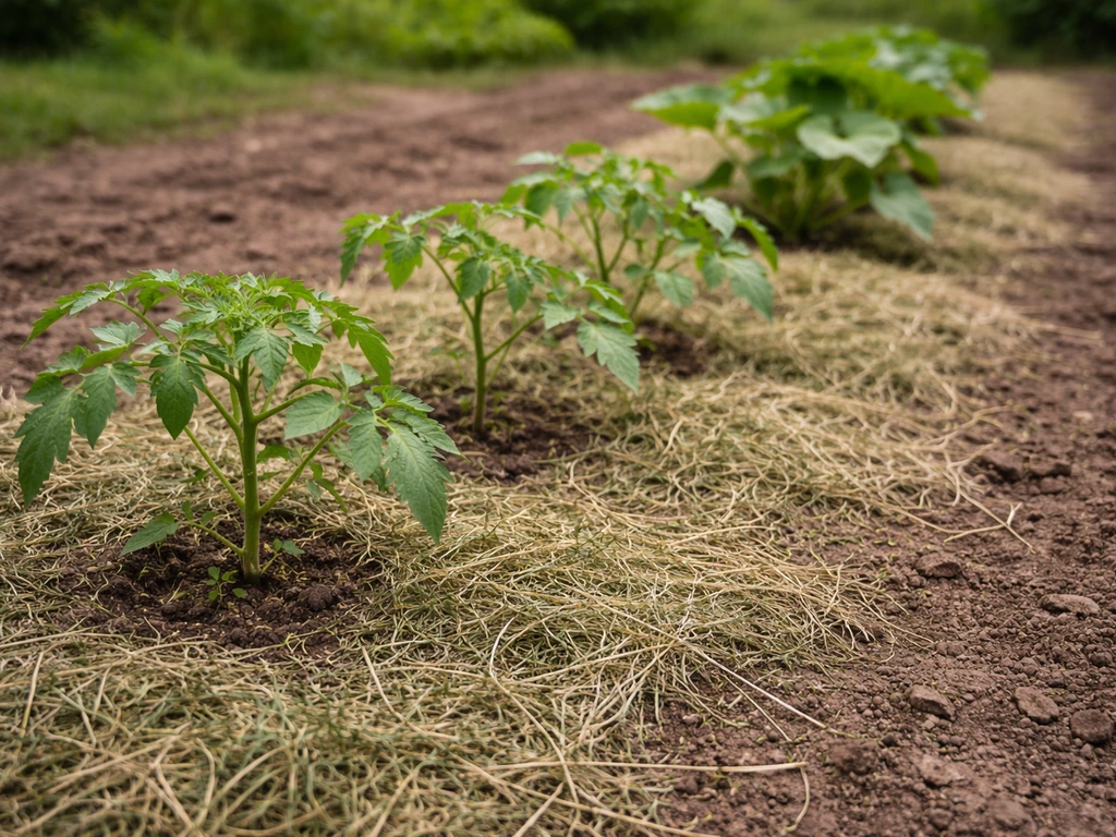 Herbe de tonte en couche fine et sèche au pied de jeunes plants de tomates et courges, sol visible.