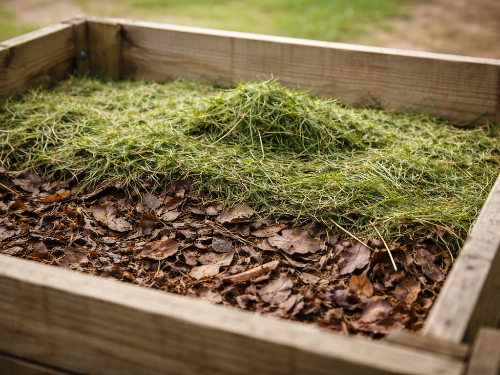 Intérieur d’un composteur avec couches de feuilles brunes et herbe de tonte légèrement séchée.