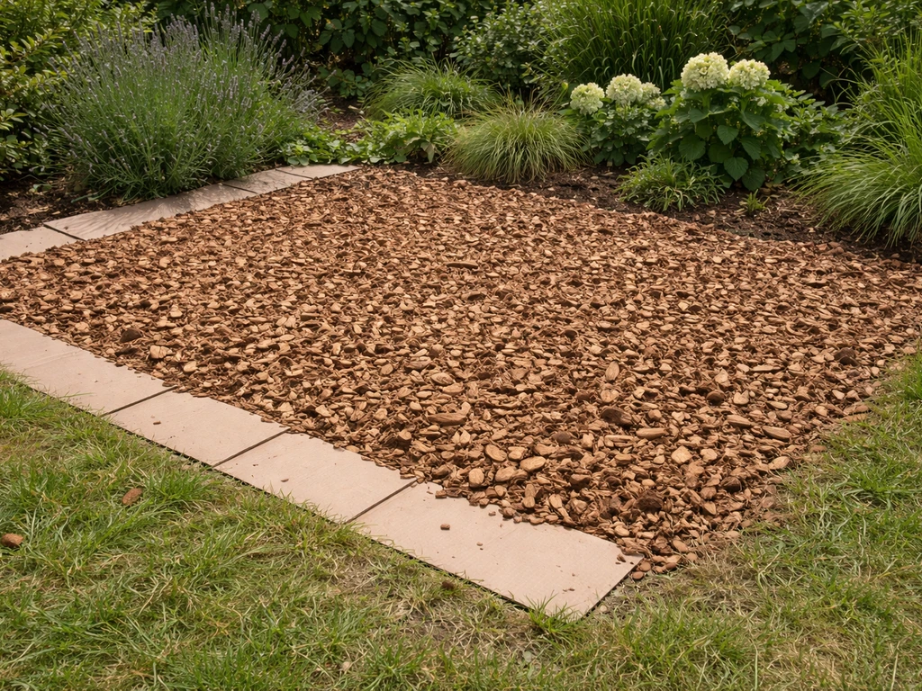 Jardin avec carton anti-herbe posé au sol puis recouvert de paillis, avant-après visuel discret.