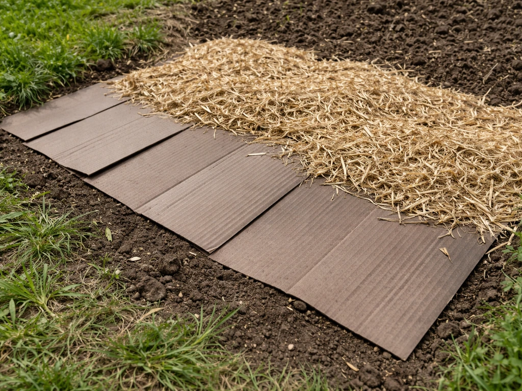 Carton anti-herbe posé au sol, recouvert de paillis, pour limiter la repousse des herbes.