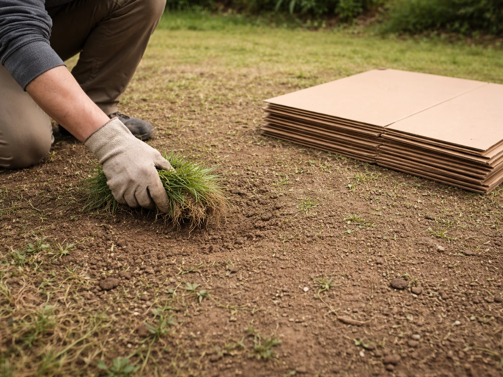 Une personne retire une touffe d’herbe et prépare le sol, avec des cartons prêts à être posés.