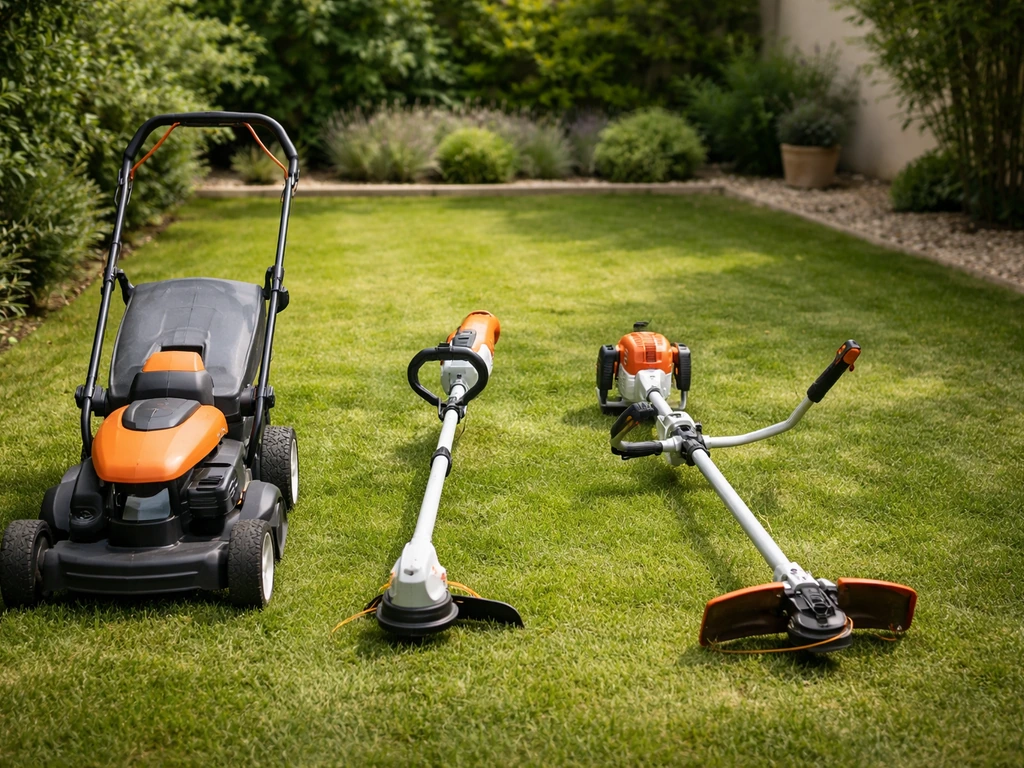 Tondeuse, coupe-bordure et débroussailleuse côte à côte sur une allée de jardin, prêtes à l’emploi