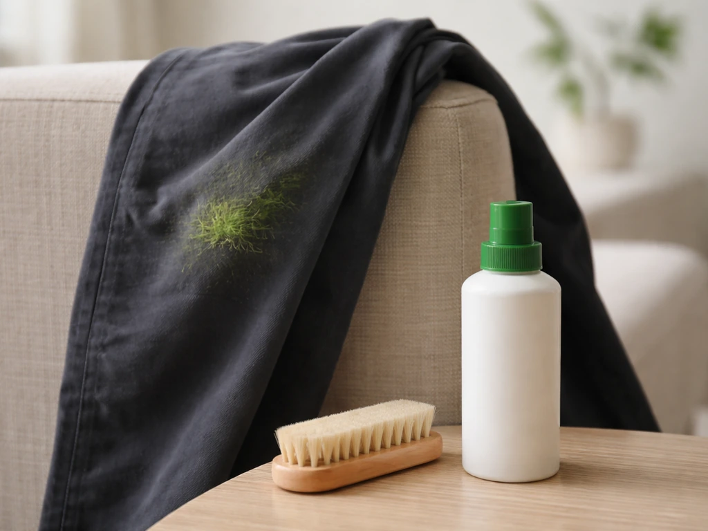 Vêtements tachés d’herbe sur un fauteuil, brosse et flacon de détachant à côté, avant nettoyage