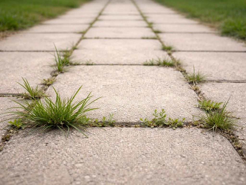 Allée en dalles extérieures avec de l’herbe visible entre les joints à cause des mauvaises herbes.