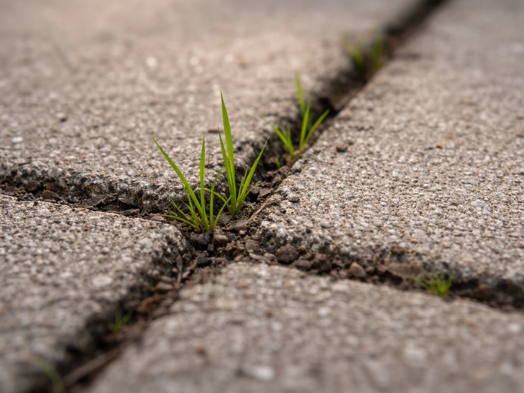 Gros plan sur une dalle fissurée avec des petites plantules d’herbe entre les joints.