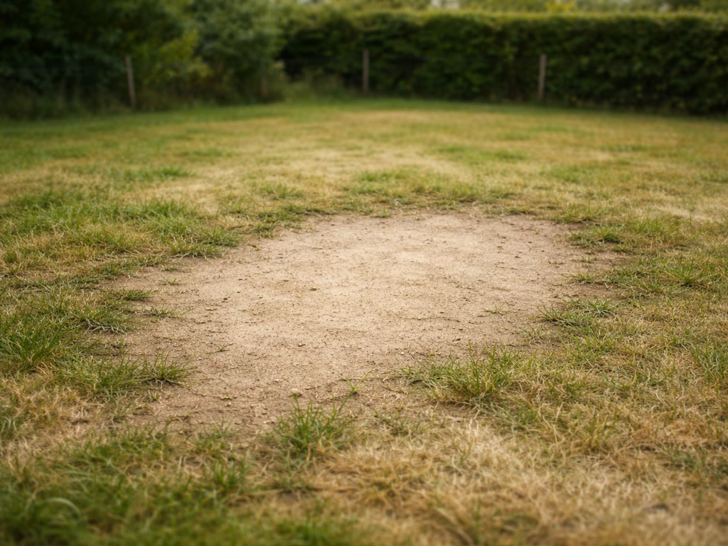 Pelouse française jaunie avec une zone claire où l’herbe est presque absente dans un jardin.