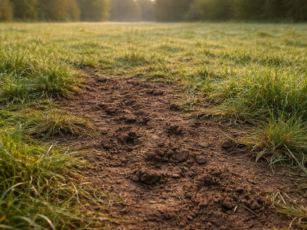 Pâturage avec une zone piétinée où l’herbe semble ne plus repousser, traces de passage d’un cheval.