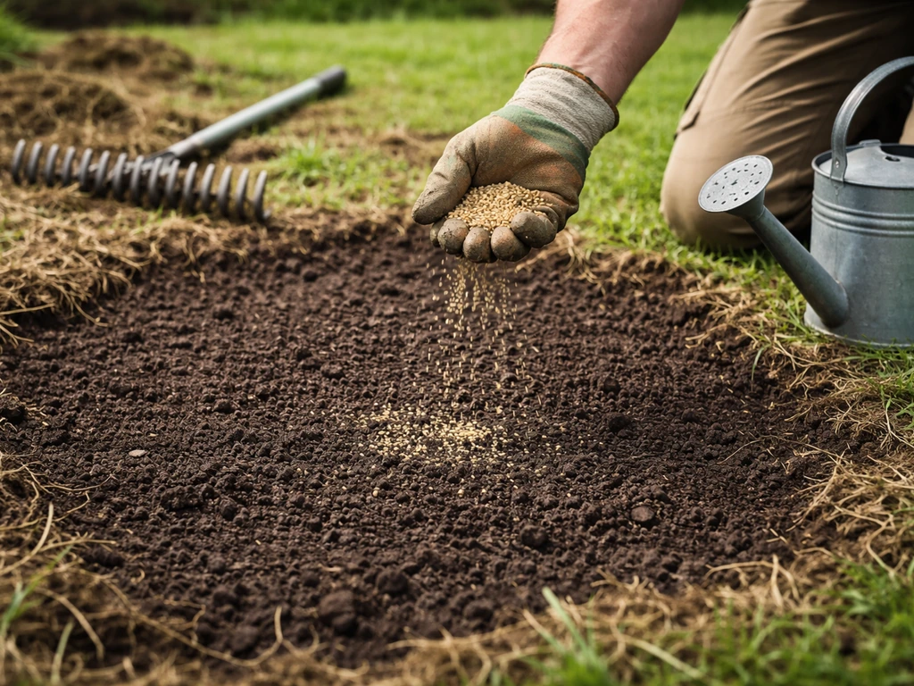 Mains semant des graines de pelouse sur une terre préparée, râteau au sol et arrosoir à côté.