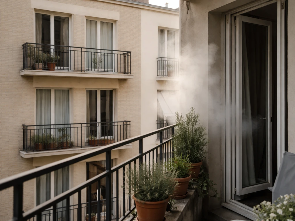 Balcon d’immeuble français avec légère fumée/vapeur depuis une fenêtre voisine, ambiance de gêne olfactive.