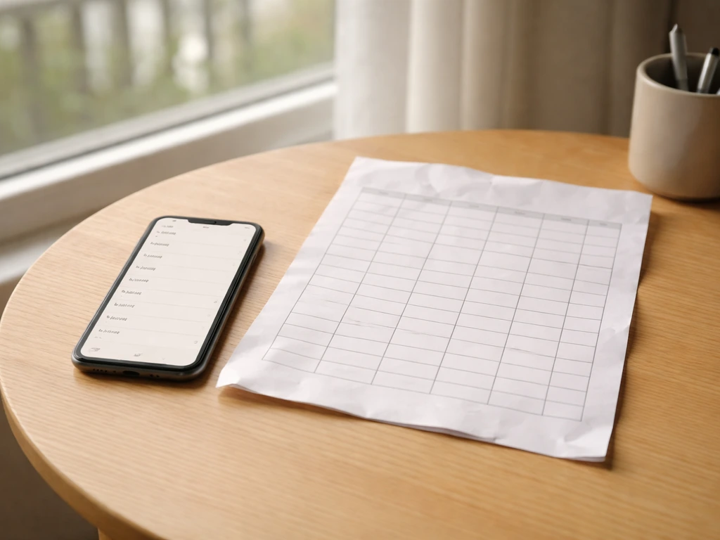 Téléphone affichant une note horodatée et feuille de journal de nuisances près d’une fenêtre, ambiance calme.