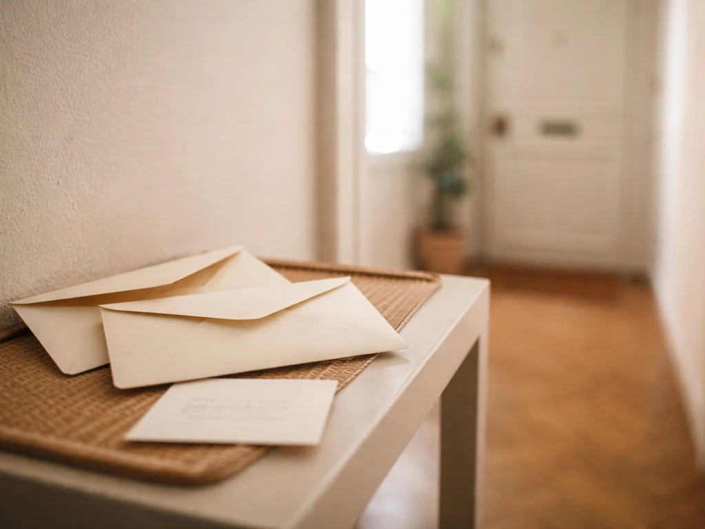 Deux enveloppes ouvertes près d’une porte avec un petit mémo de phrases neutres pour une discussion apaisée.