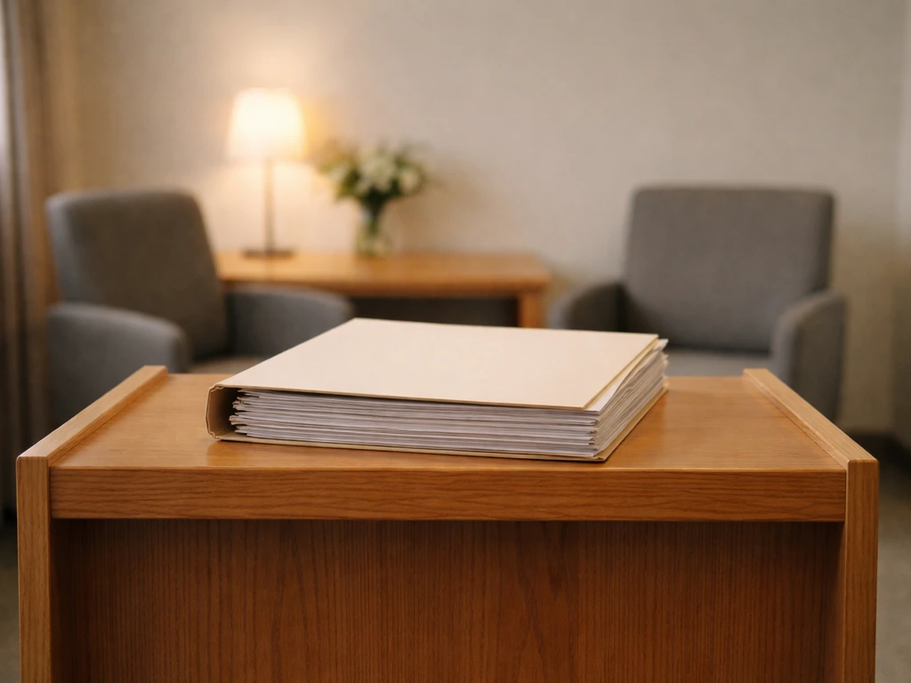 Dossier de litige sur un pupitre dans une salle calme, ambiance de médiation ou conciliation de justice.