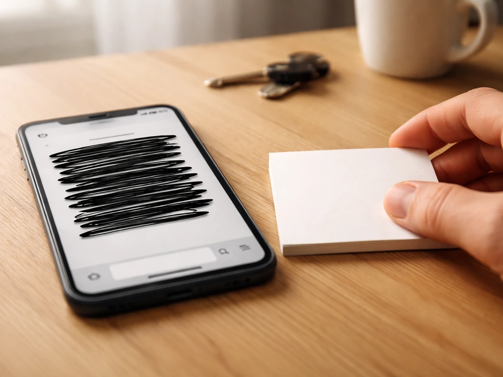 Smartphone avec message masqué et barré, post-it vierge sur table, main anonyme, ambiance prudence.