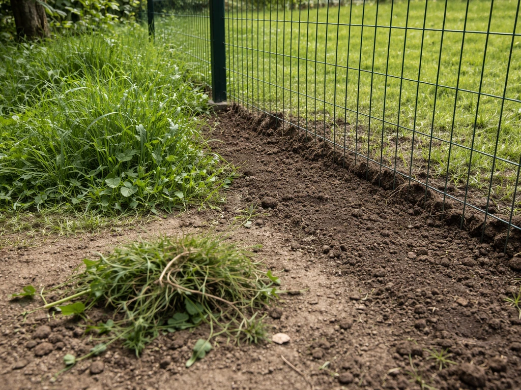 Pied d’une clôture envahi par l’herbe, avec une bande récemment nettoyée prête pour une barrière anti-repousse.