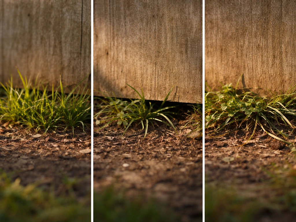 Trois vignettes le long d’une clôture : herbe qui pousse, intrusion par le pied et rhizomes qui se propagent