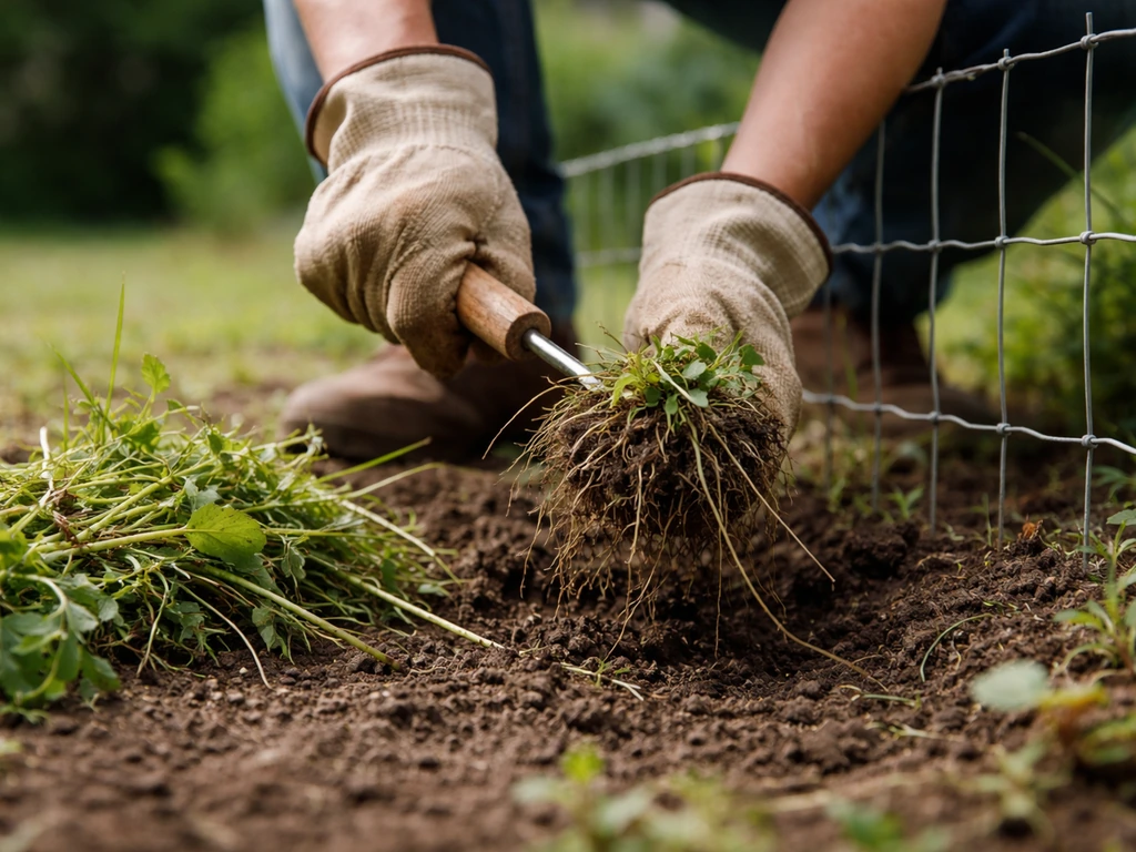 Arrachage manuel près d’une clôture : gants, outil, mottes d’herbe et rhizomes visibles au pied.