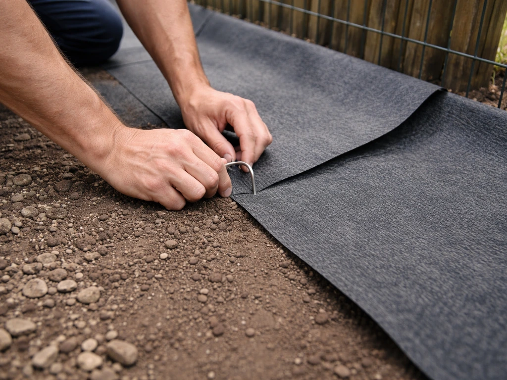 Déroulage d’une toile géotextile non tissée au pied d’une clôture, avec chevauchements et agrafage.