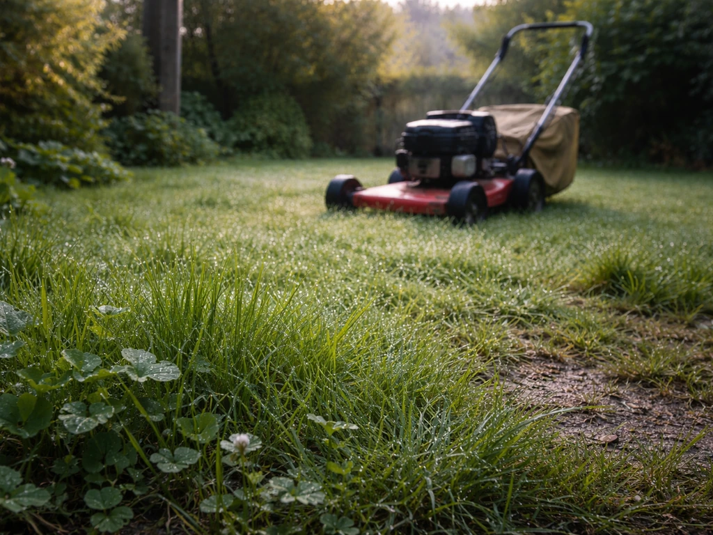 Herbe couverte de rosée et débroussailleuse à l’arrêt sur un sol légèrement détrempé, jardin au matin.