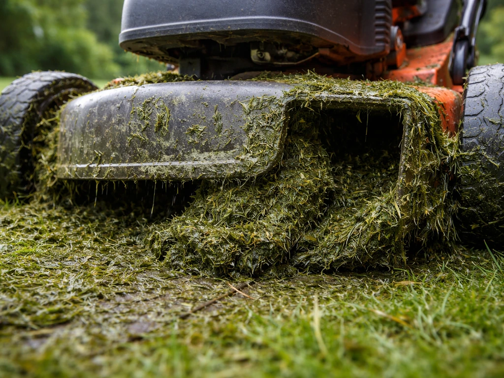Herbe humide agglutinée sous le carter d’une tondeuse, autour de la zone d’éjection.
