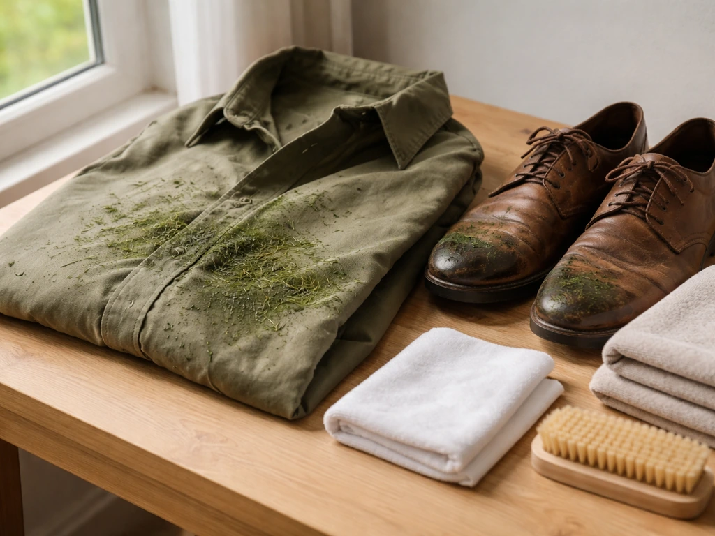 Vêtements et chaussures tachés d’herbe humide avec chiffon propre et brosse souple sur une table en bois.