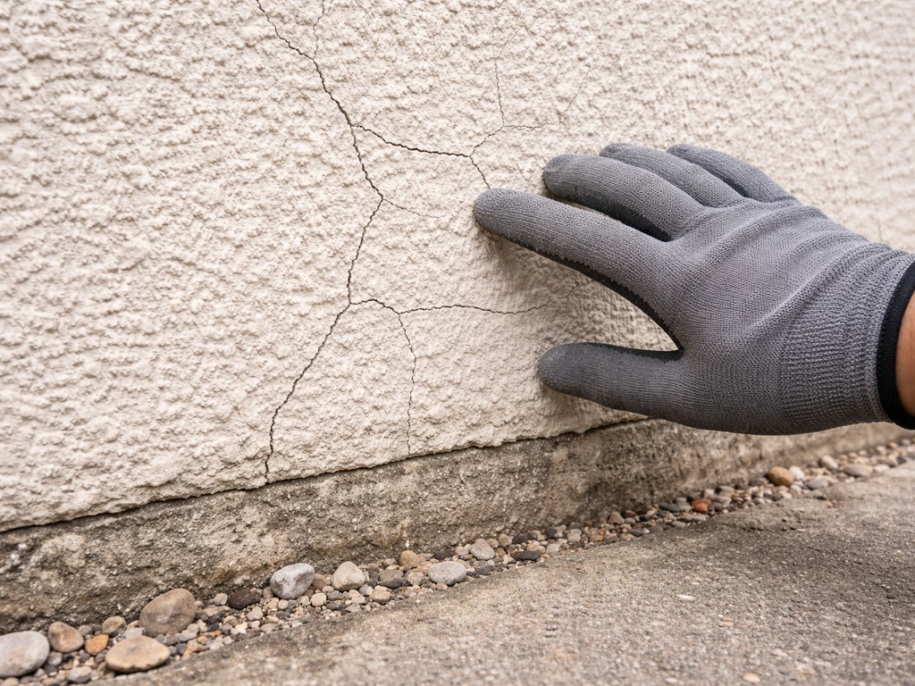 Gros plan sur un mur crépi avec microfissures et gravats au pied, montrant quoi vérifier avant de couper.