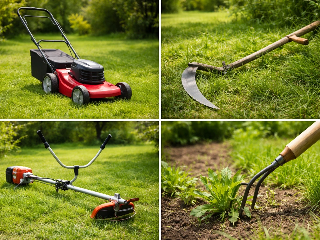 Mosaïque photo d’outils de jardin pour tondre, faucher, débroussailler et désherber l’herbe