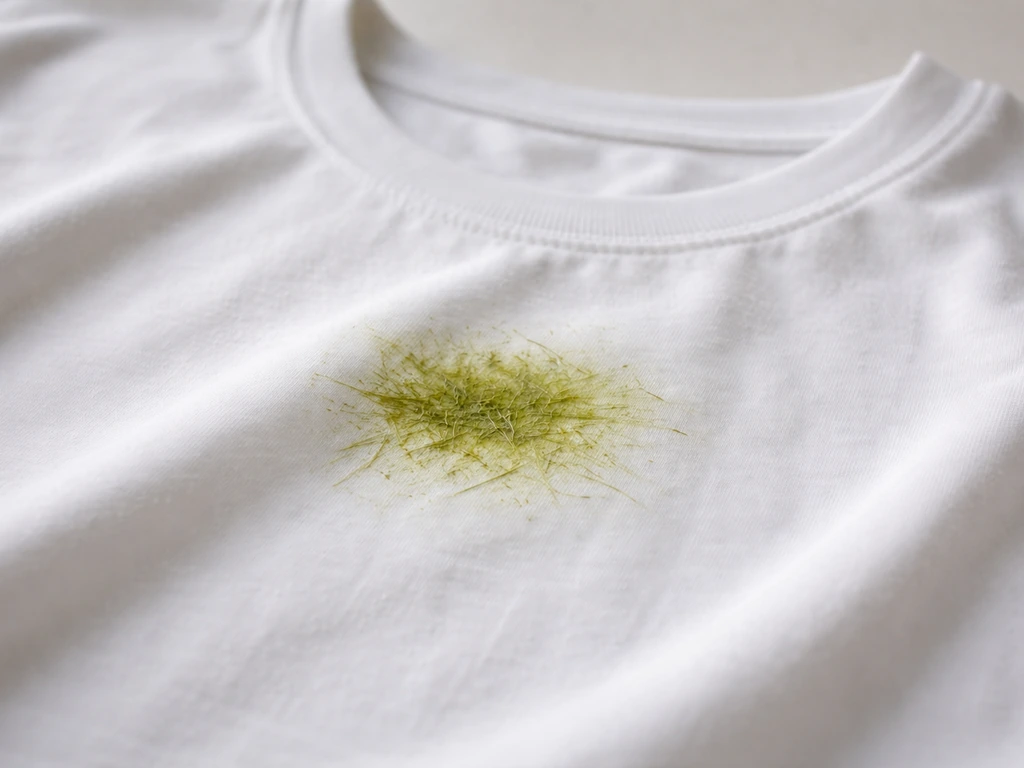 Gros plan sur un vêtement blanc avec une tache d’herbe fraîche, prêt à être détaché sans auréole.